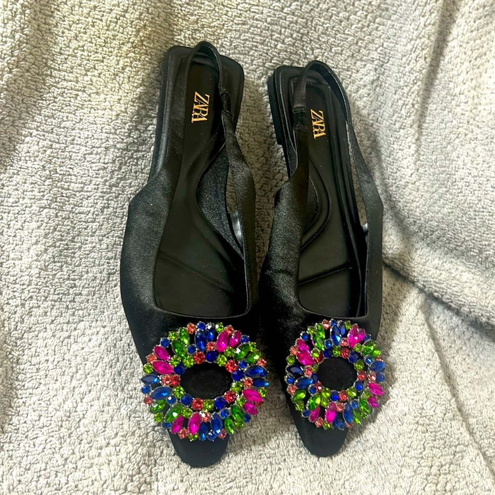 Zara black flats with colorful jewels